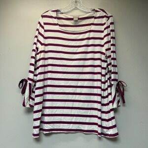 Chico's Striped Top Women 1 M Purple White Excellent Bell Sleeve Ribbon Tie